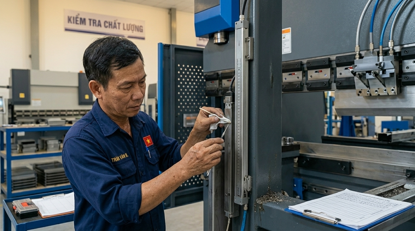 Nguyên Nhân Máy Chấn CNC Thủy Lực Bị Lệch Góc Khi Gia Công Hàng Loạt Và Cách Hiệu Chuẩn Chính Xác